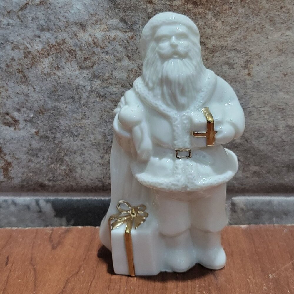 Mikasa Porcelain Santa Claus Figurine Gift Box Gold Ribbon Holiday Elegance